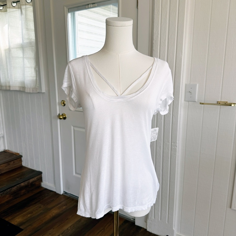 NEW Intimately Free People Women Ribbed Strappy Layer Tee S White Minimal Sheer
